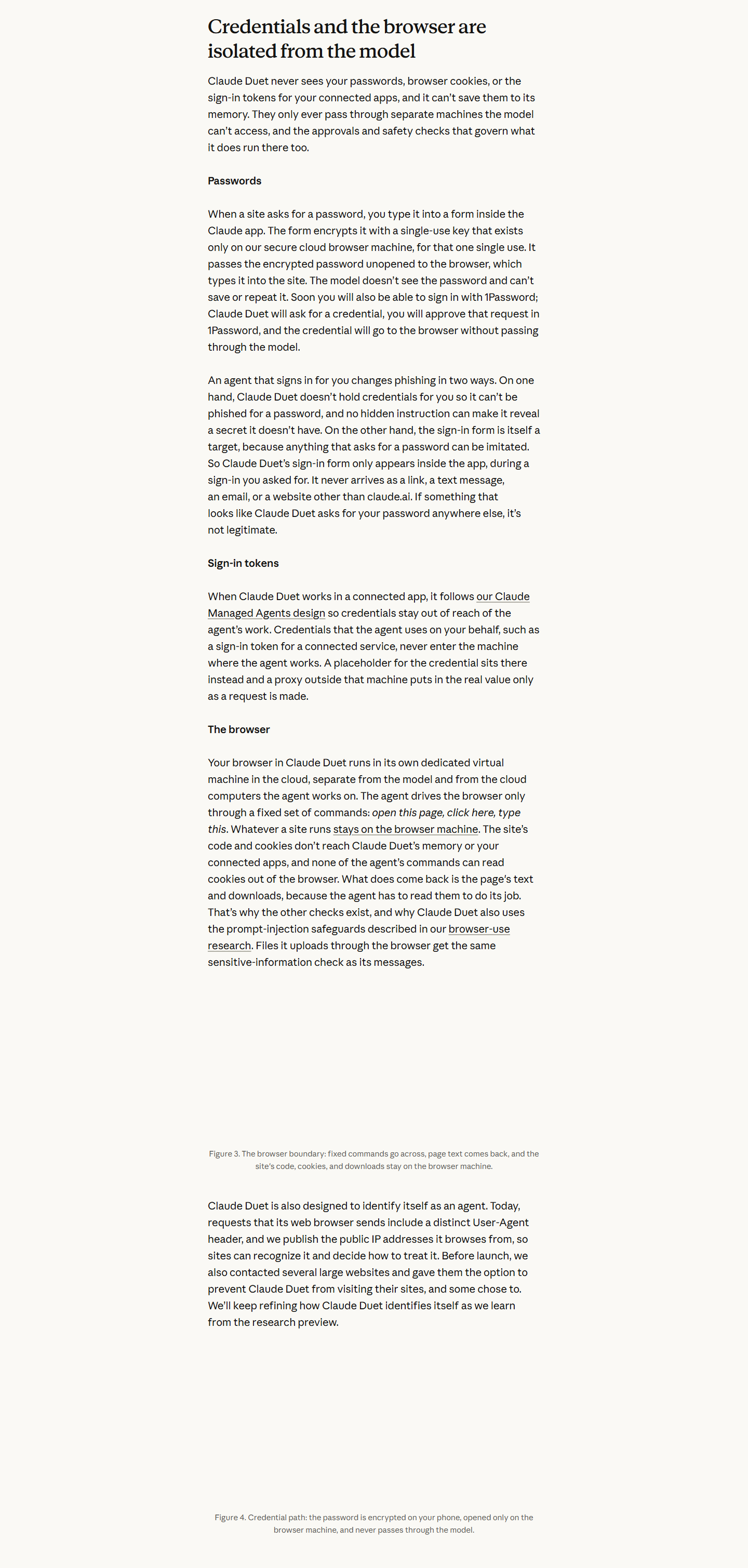 安全說明頁「Credentials and the browser are isolated from the model」整節原文（2026-10-26 實拍）