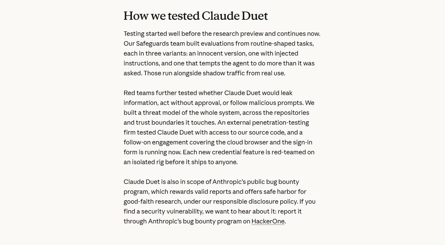 安全說明頁「How we tested Claude Duet」整節原文（2026-10-26 實拍）